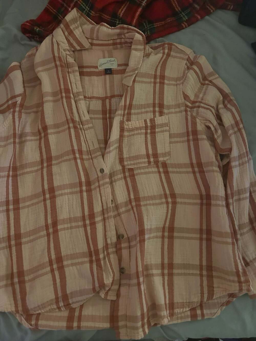 Universal Thread Women's Pink and Tan Plaid Button-Down Shirt